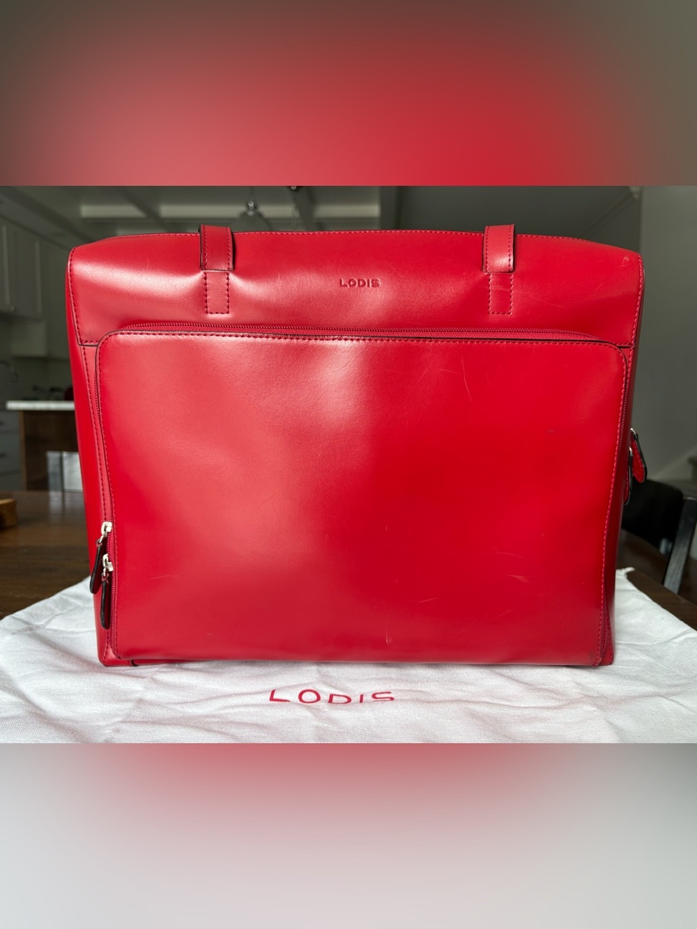 LODIS Red Leather Laptop Tote Bag - Significant Wear on One Strap / Priced Low